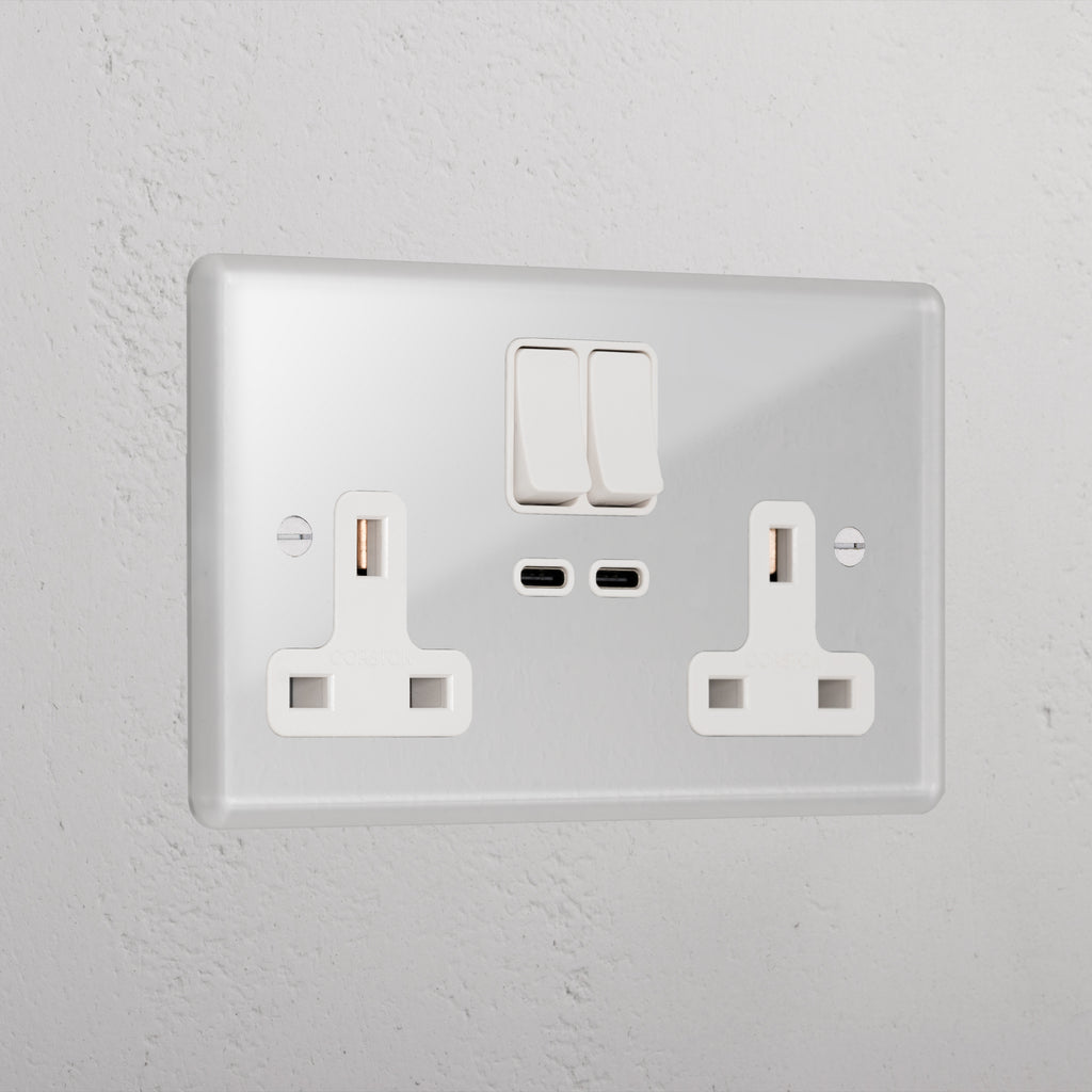 Clear Double Socket With Usb-C Fast Charge Socket White