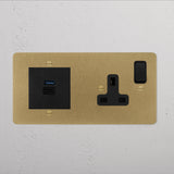 Single Socket + USB A+C Fast Charge - Antique Brass Black